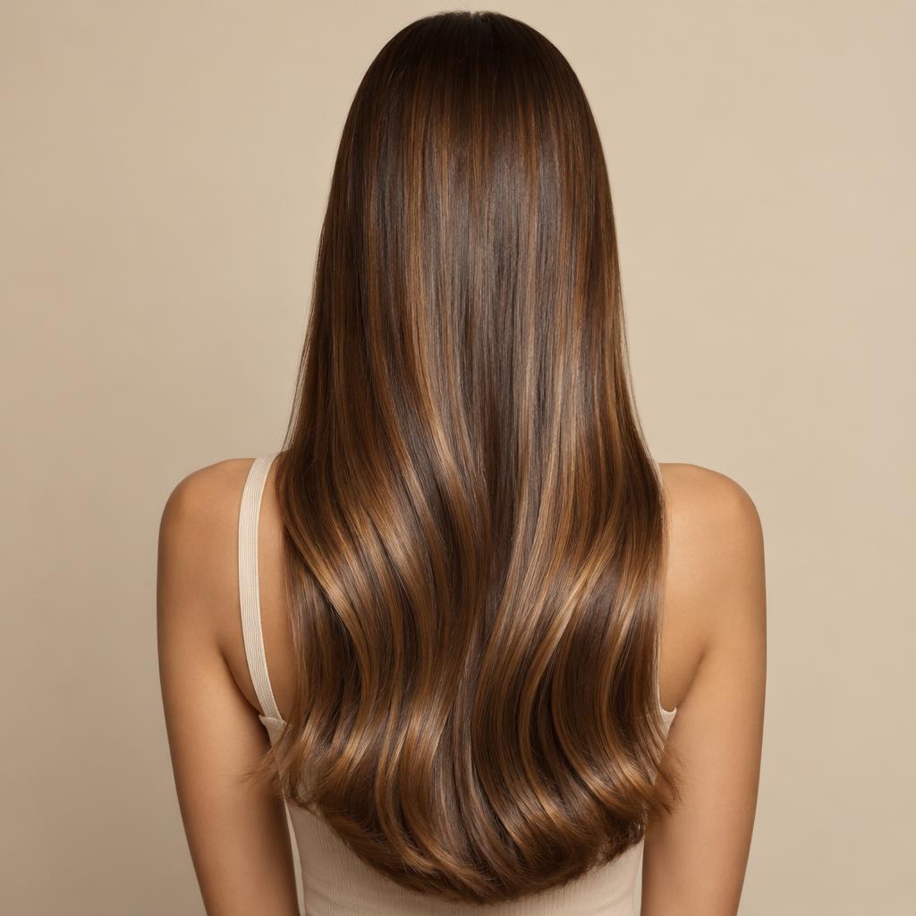 Lang glanzend kastanjebruin haar met karamelkleurige highlights