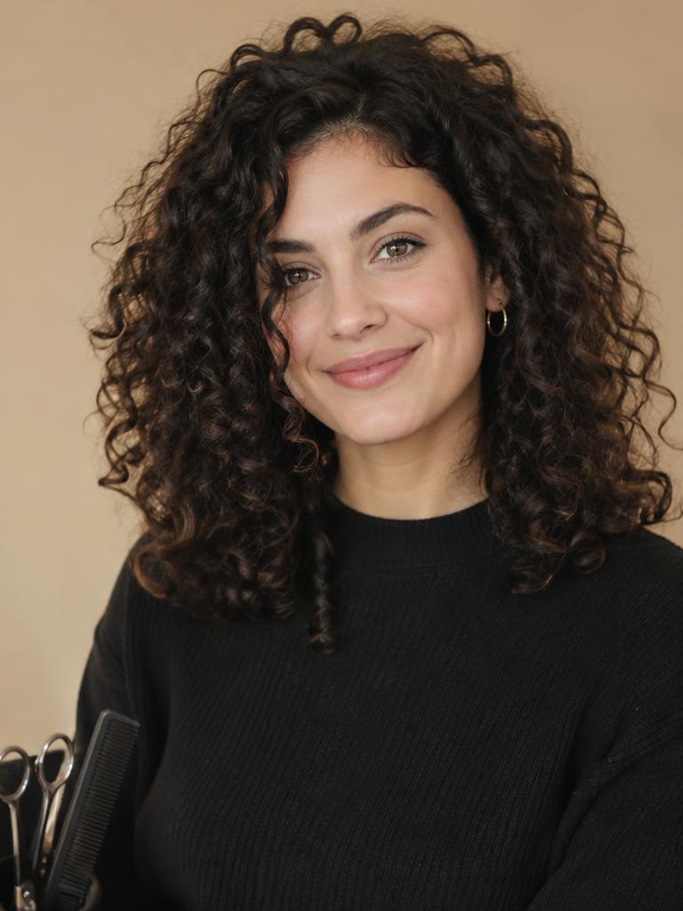 Portret van Noa, hairstylist met donkere krullen